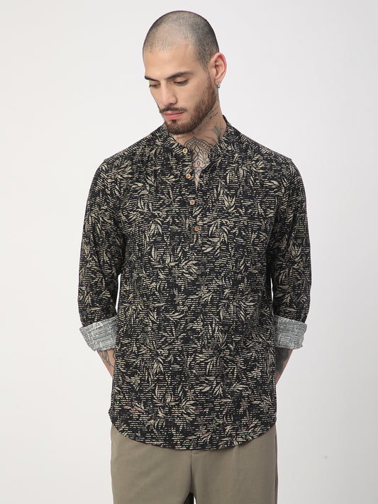 Black Leafy Printed Kurta