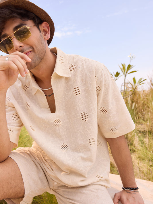 Beige Floral Embroidered Oversized Polo Shirt