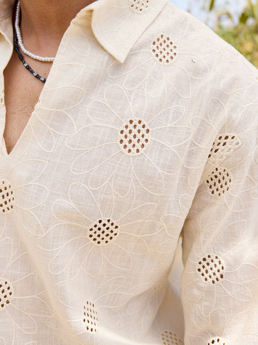 Beige Floral Embroidered Oversized Polo Shirt
