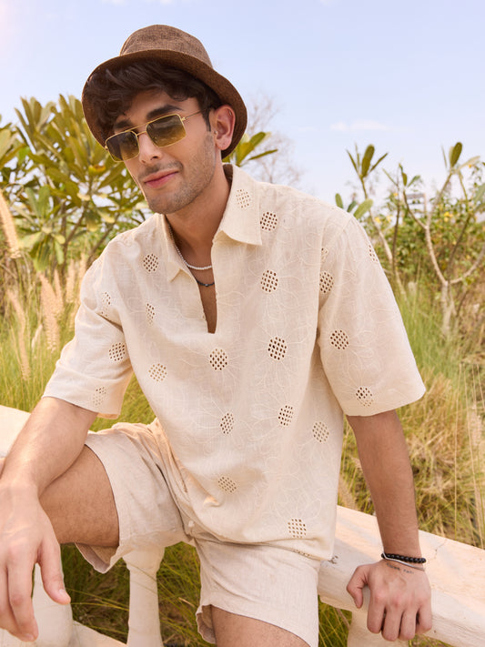 Beige Floral Embroidered Oversized Polo Shirt