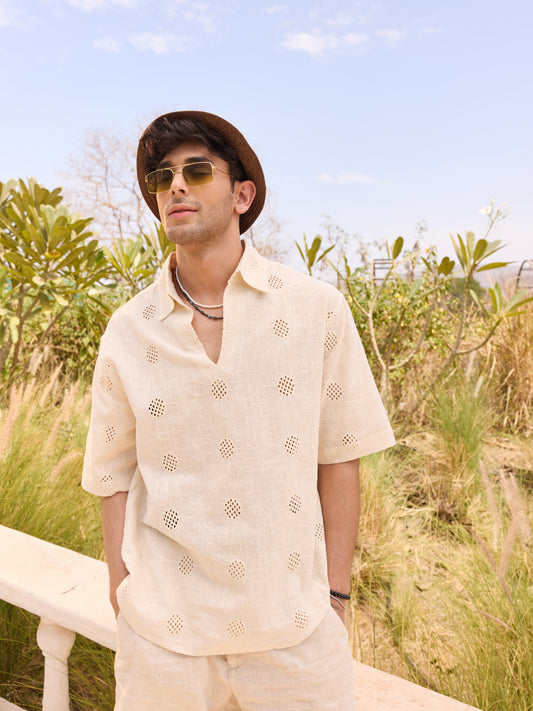 Beige Floral Embroidered Oversized Polo Shirt
