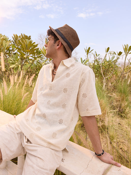 Beige Floral Embroidered Oversized Polo Shirt