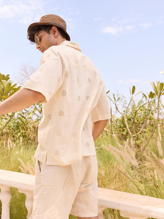 Beige Floral Embroidered Oversized Polo Shirt