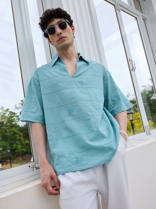 Aqua Blue Artisan Embroidery Oversized Polo Shirt
