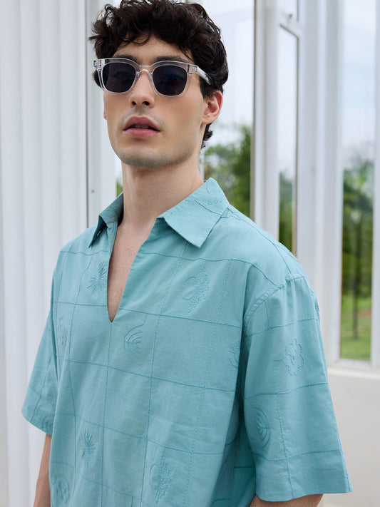 Aqua Blue Artisan Embroidery Oversized Polo Shirt