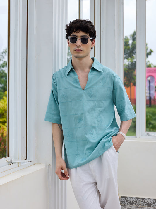 Aqua Blue Artisan Embroidery Oversized Polo Shirt