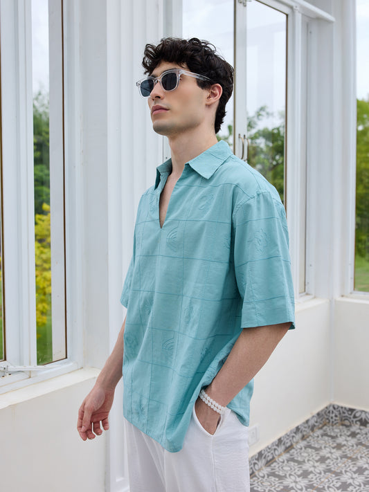 Aqua Blue Artisan Embroidery Oversized Polo Shirt