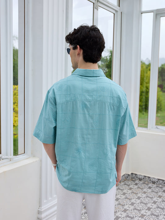 Aqua Blue Artisan Embroidery Oversized Polo Shirt