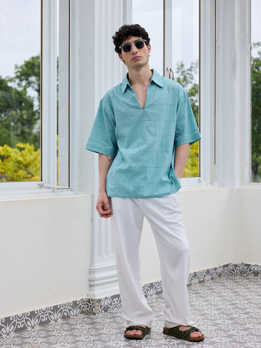Aqua Blue Artisan Embroidery Oversized Polo Shirt