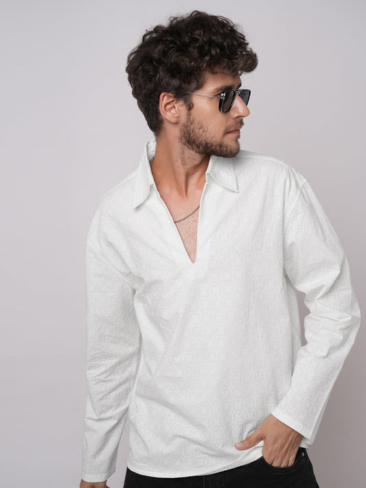 White Petal Grid Embroidered Oversized Polo Neck Shirt