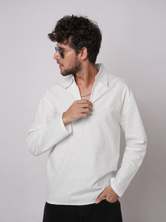 White Petal Grid Embroidered Oversized Polo Neck Shirt