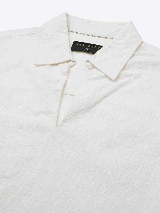 White Petal Grid Embroidered Oversized Polo Neck Shirt
