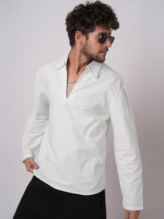 White Petal Grid Embroidered Oversized Polo Neck Shirt