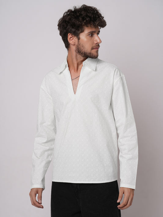 White Petal Grid Embroidered Oversized Polo Neck Shirt