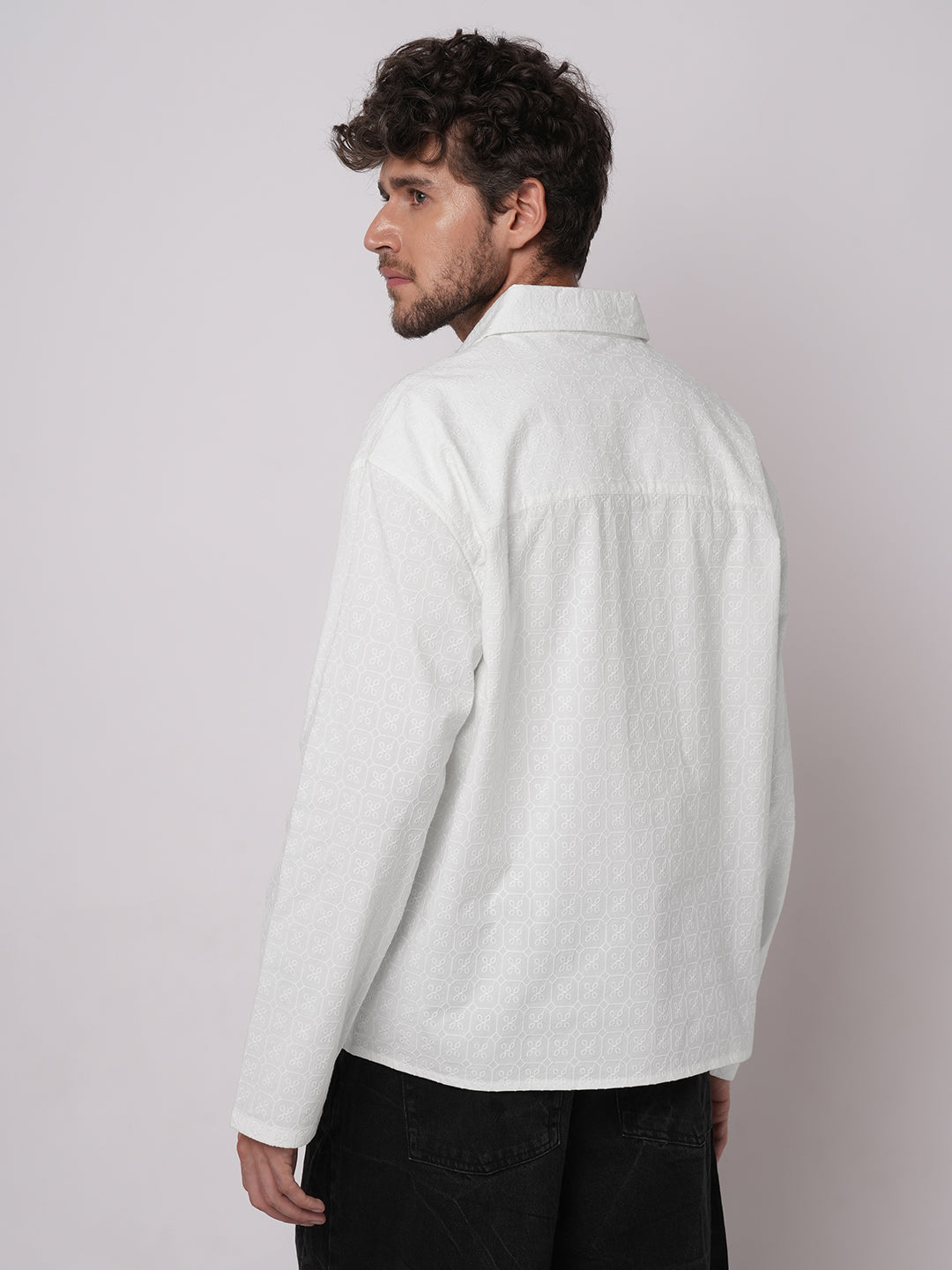 White Petal Grid Embroidered Oversized Polo Neck Shirt