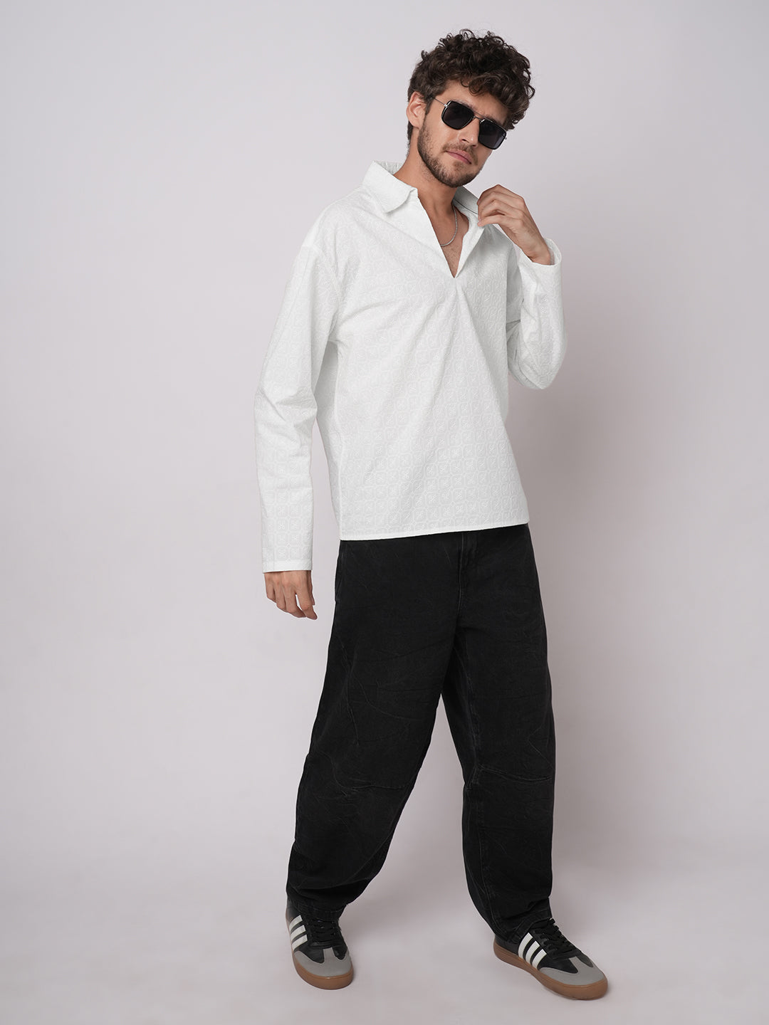 White Petal Grid Embroidered Oversized Polo Neck Shirt