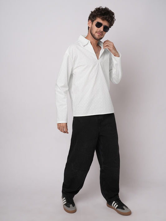 White Petal Grid Embroidered Oversized Polo Neck Shirt