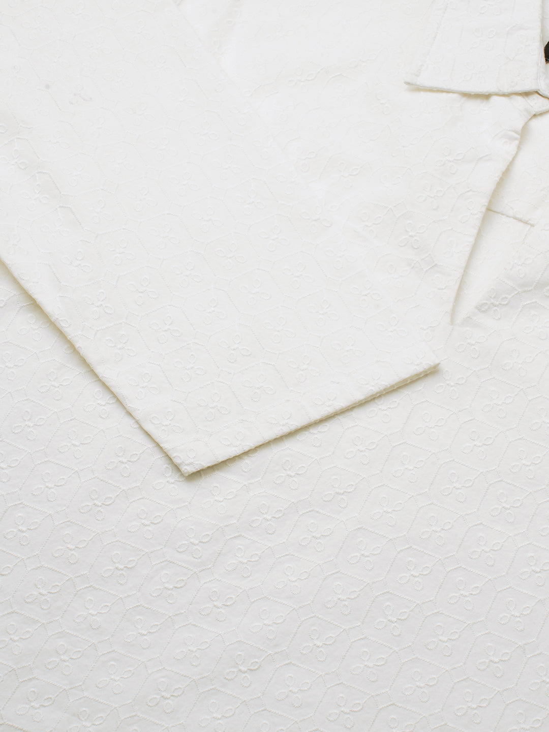 White Petal Grid Embroidered Oversized Polo Neck Shirt