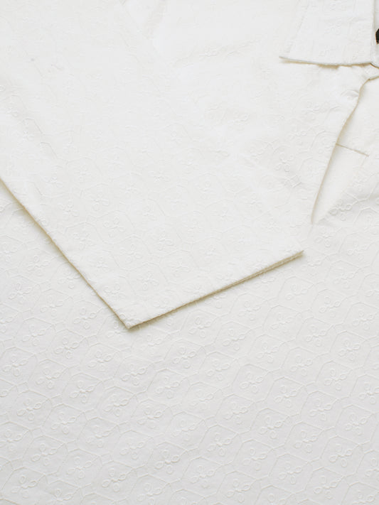 White Petal Grid Embroidered Oversized Polo Neck Shirt