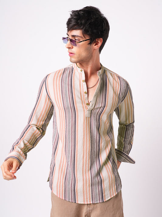 Multicolour Crinkled Striped Kurta