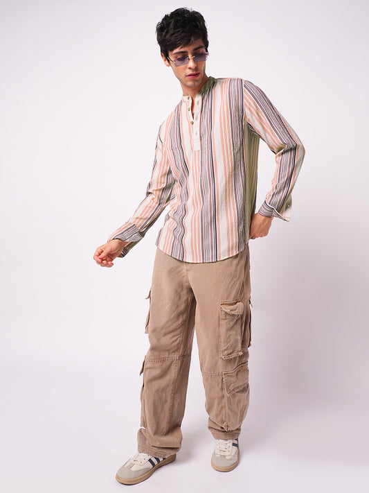 Multicolour Crinkled Striped Kurta