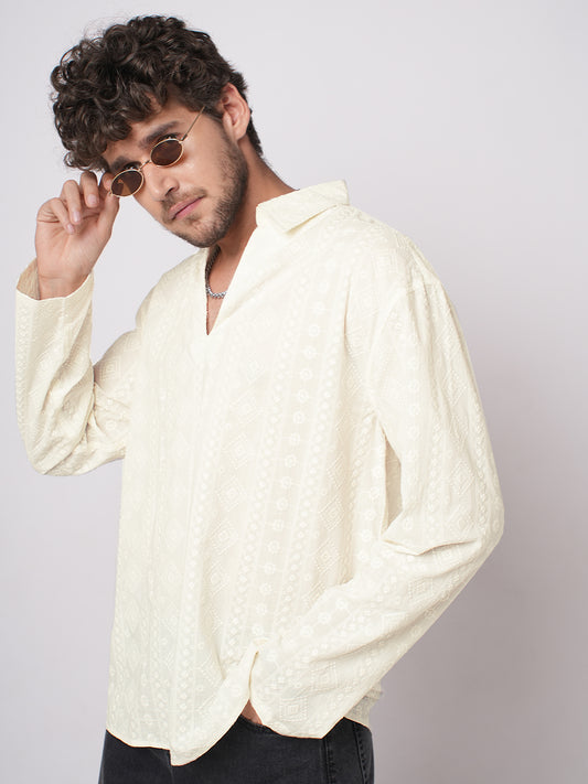 Ivory Meadow Opulent Detail Embroidery Oversized Polo Shirt