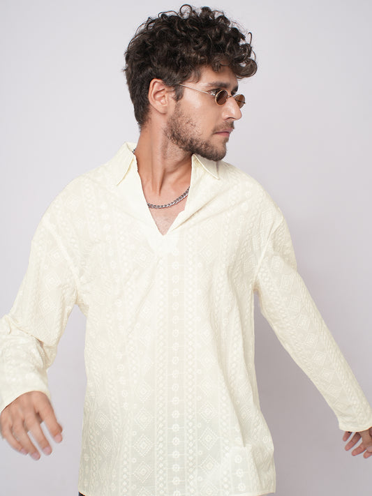 Ivory Meadow Opulent Detail Embroidery Oversized Polo Shirt