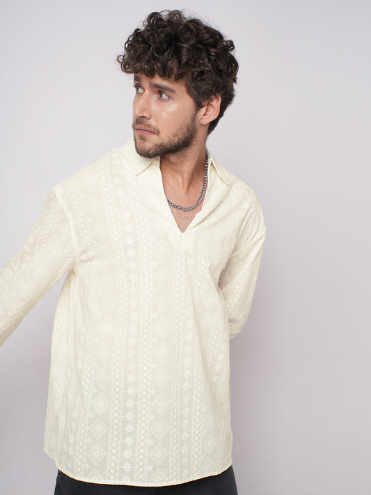 Ivory Meadow Opulent Detail Embroidery Oversized Polo Shirt