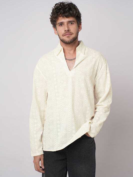 Ivory Meadow Opulent Detail Embroidery Oversized Polo Shirt