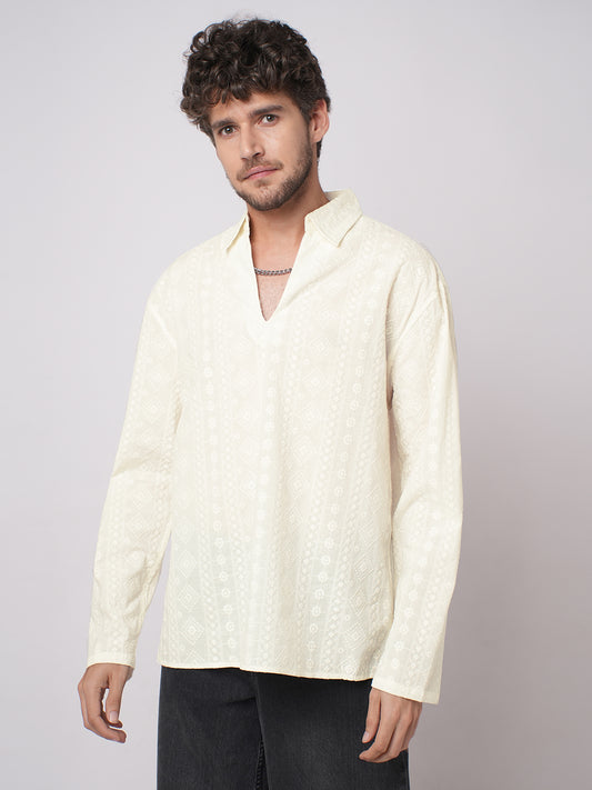 Ivory Meadow Opulent Detail Embroidery Oversized Polo Shirt