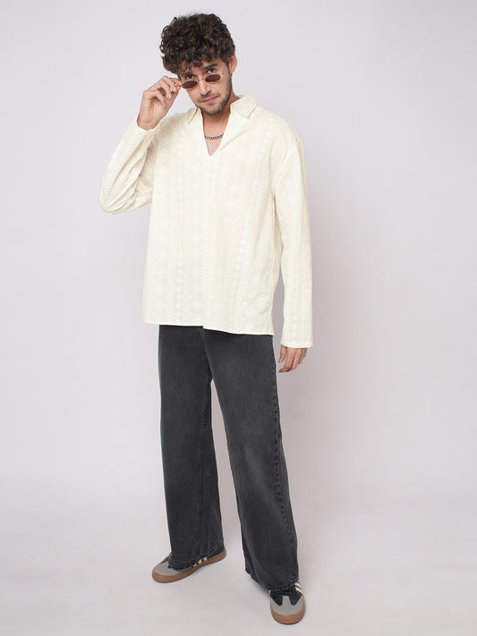 Ivory Meadow Opulent Detail Embroidery Oversized Polo Shirt