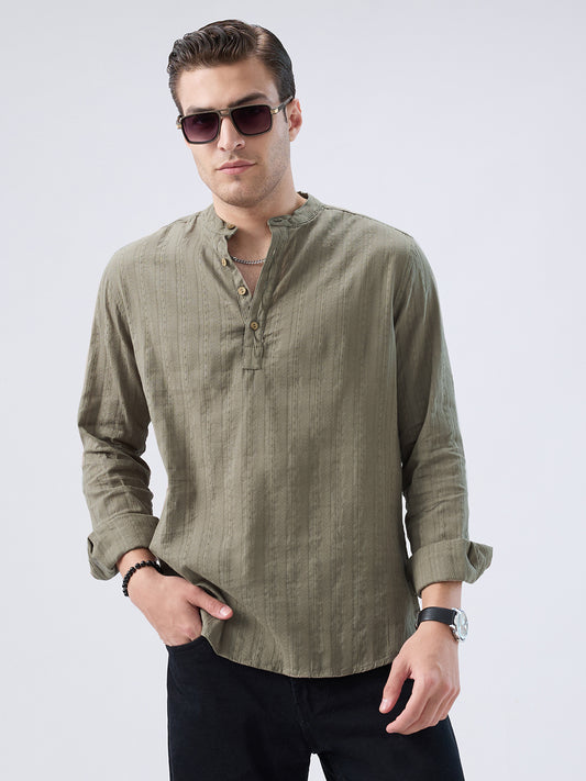 Olive Weave Detail Striped Kurta