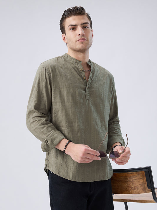 Olive Weave Detail Striped Kurta
