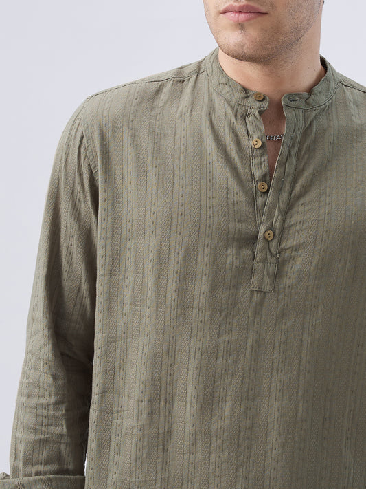 Olive Weave Detail Striped Kurta
