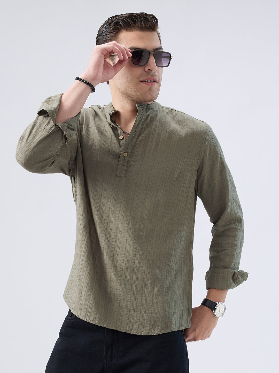 Olive Weave Detail Striped Kurta