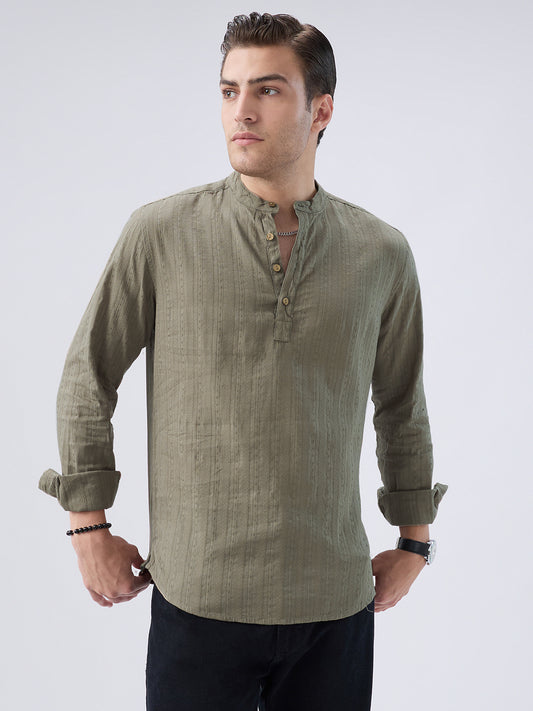 Olive Weave Detail Striped Kurta