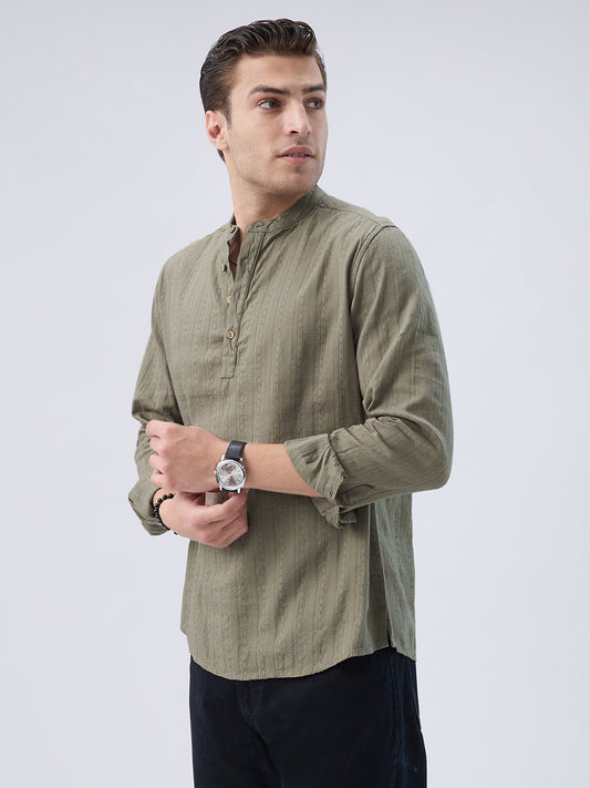 Olive Weave Detail Striped Kurta