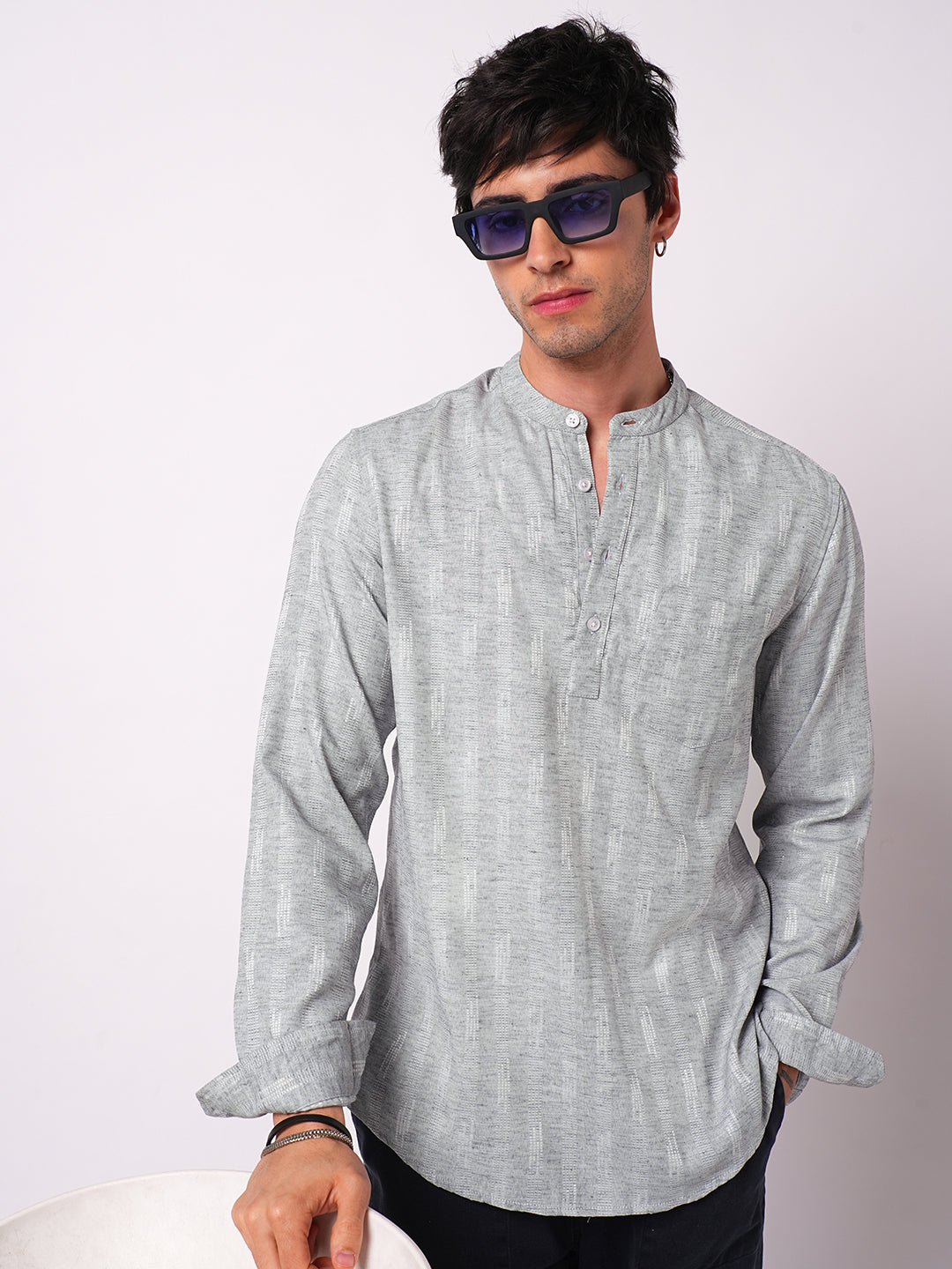 Ash Grey Linear Textured Kurta