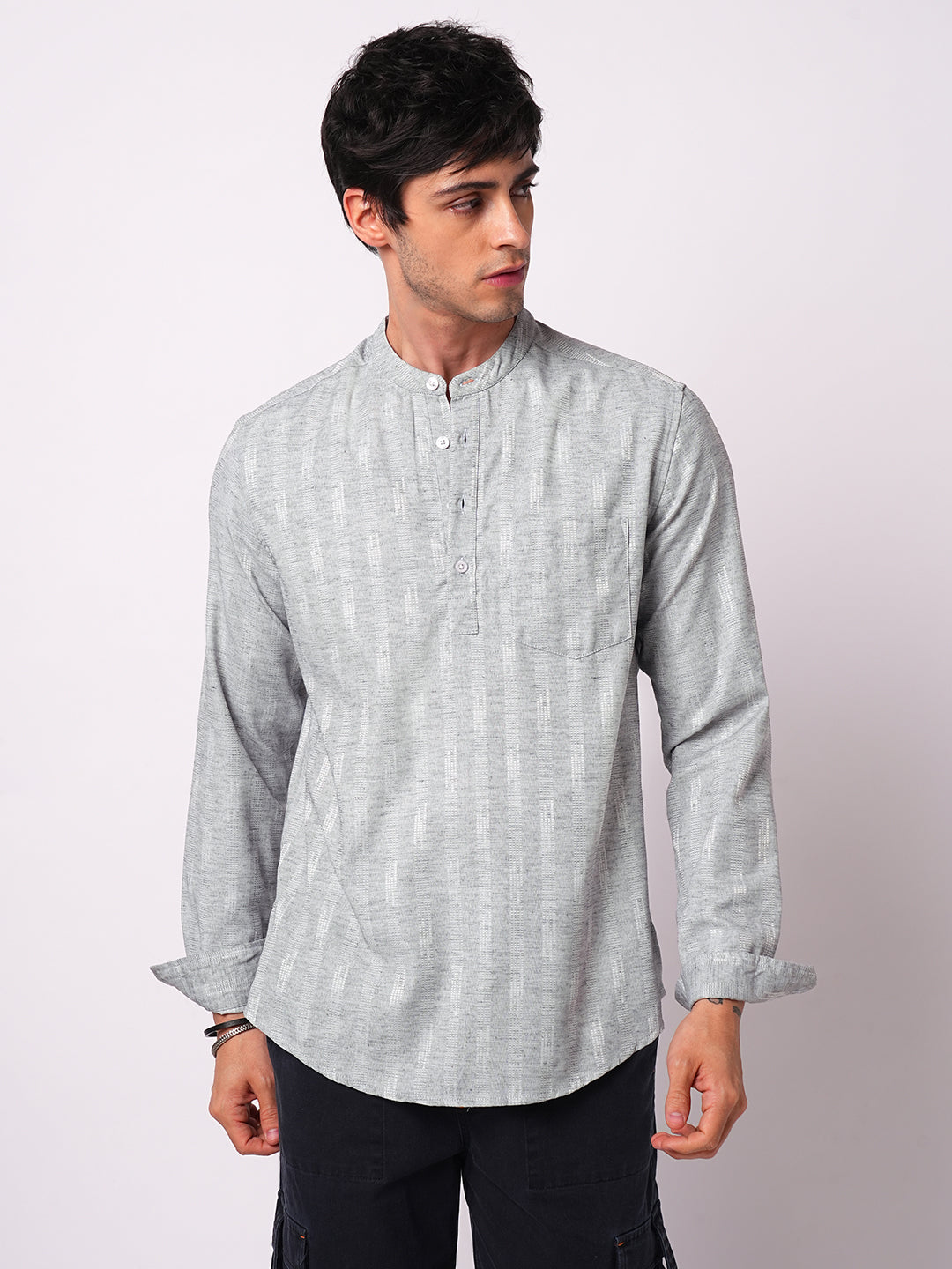 Ash Grey Linear Textured Kurta