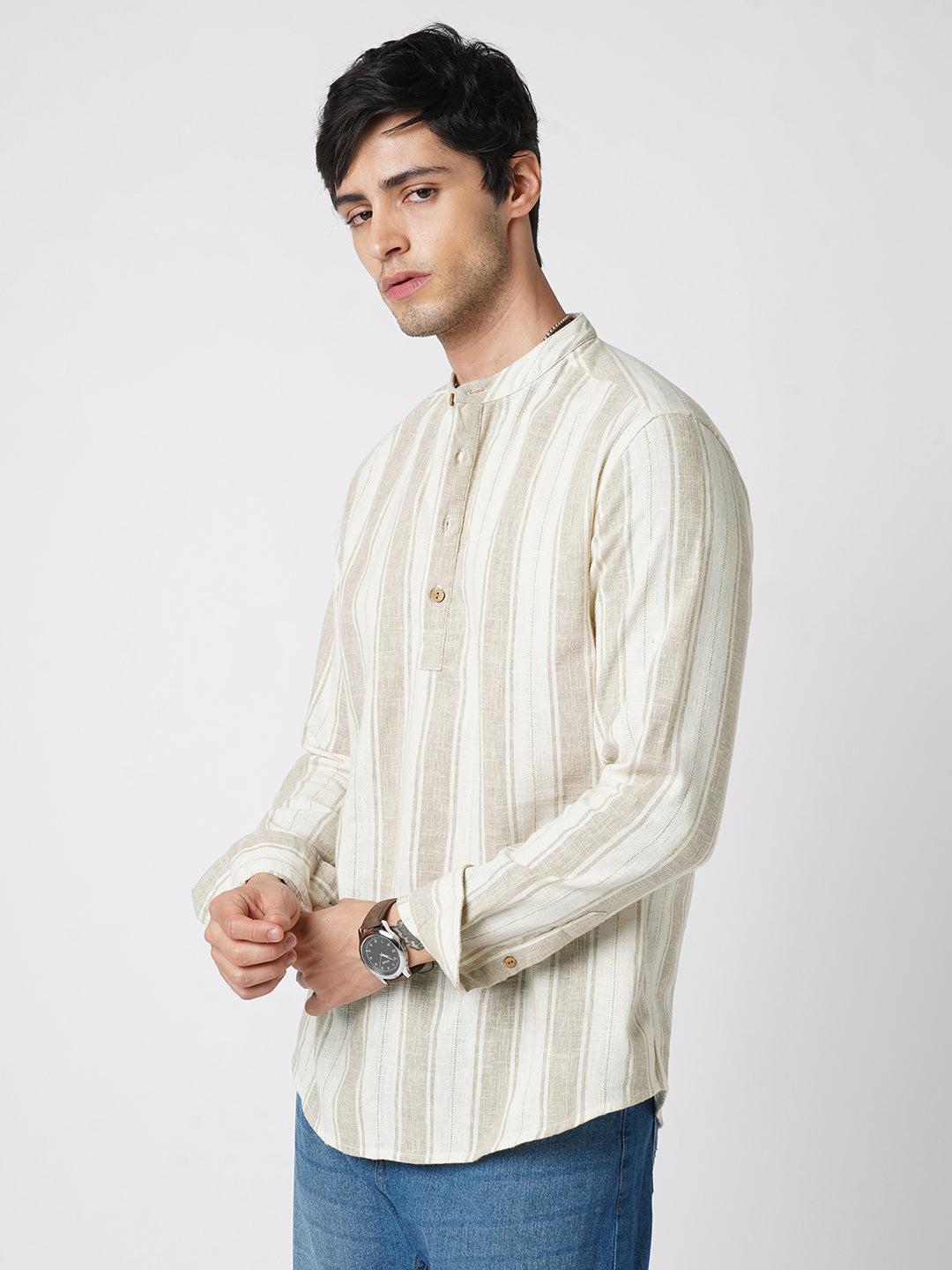 Rustic Sand Beige Vertical Striped Kurta