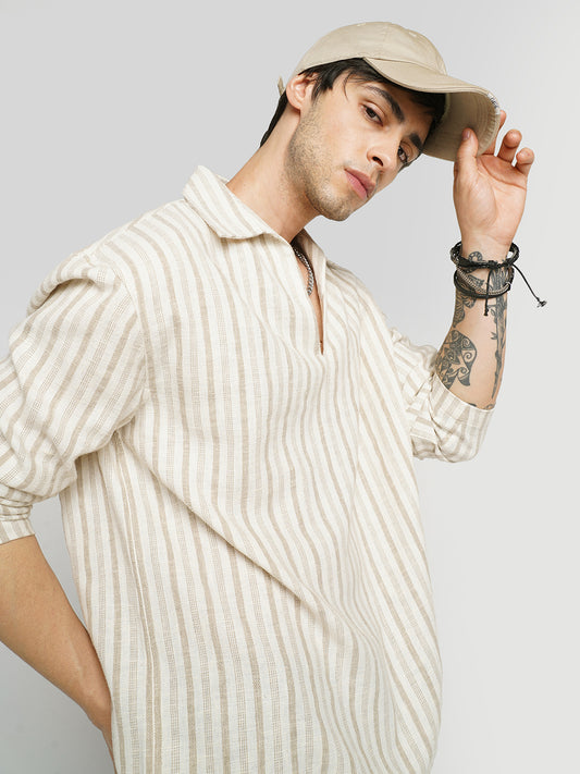 Sunbleached Cream Striped Polo Oversized Shirt