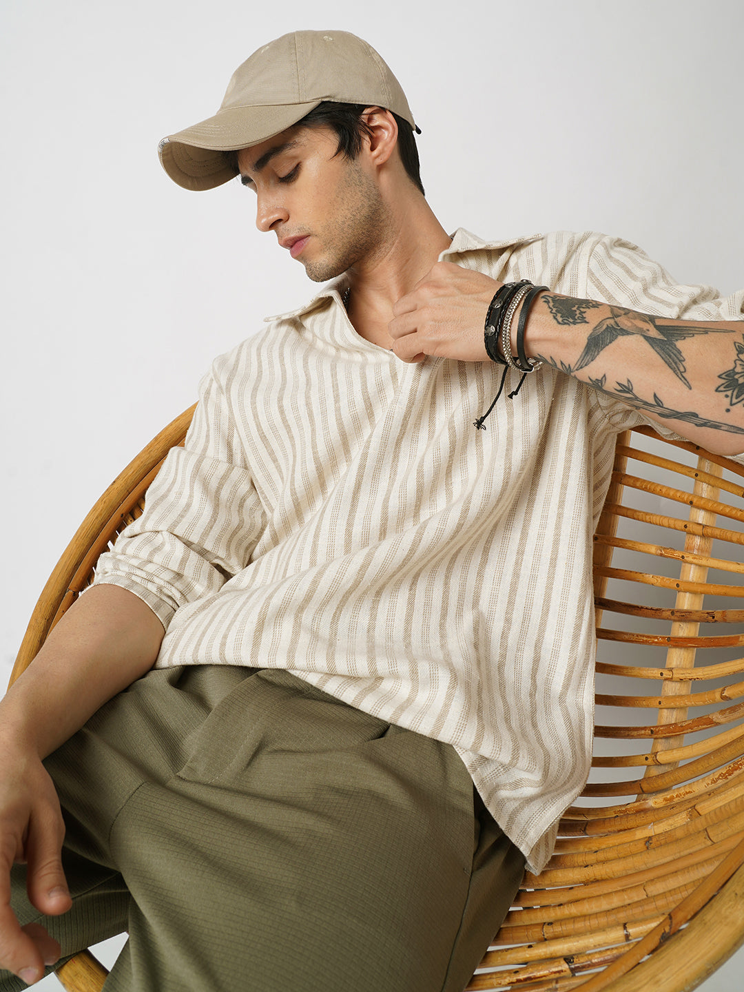 Sunbleached Cream Striped Polo Oversized Shirt