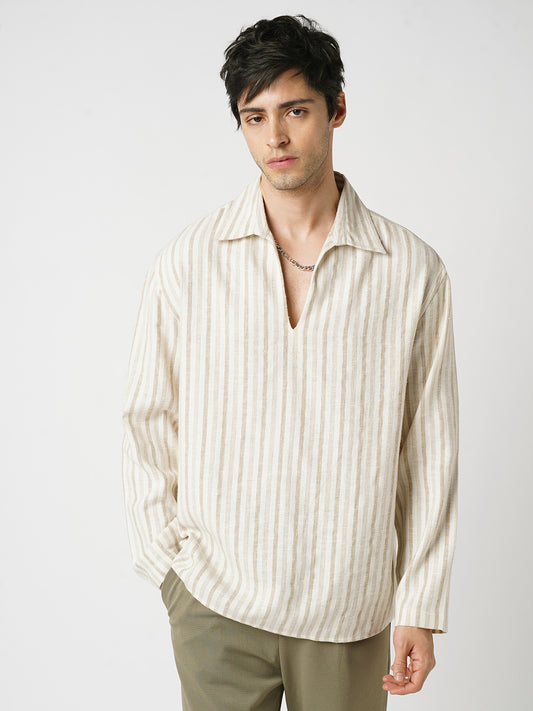 Sunbleached Cream Striped Polo Oversized Shirt