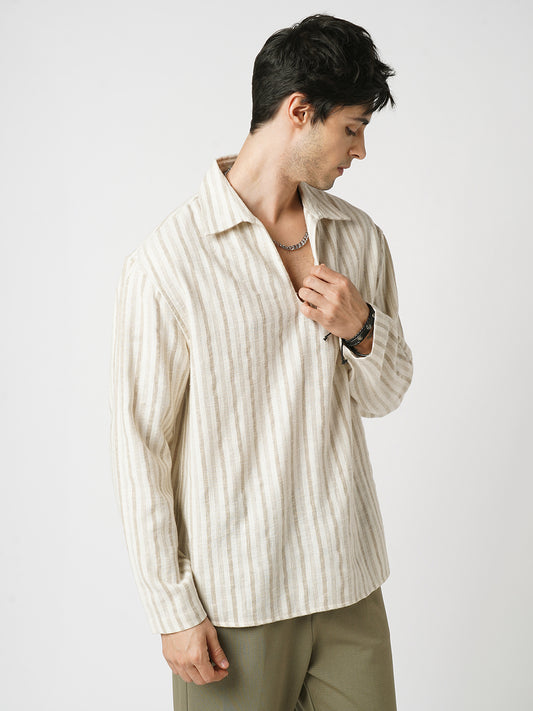 Sunbleached Cream Striped Polo Oversized Shirt