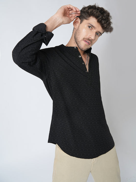 Black Self-Design Jacquard Kurta