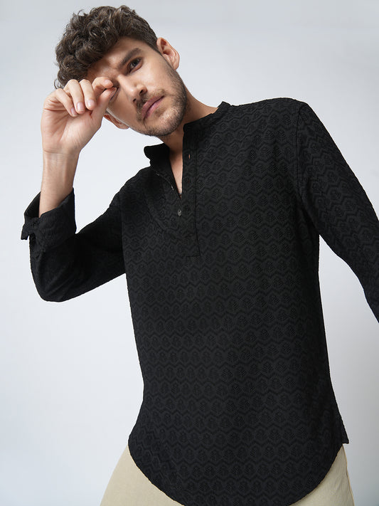 Black Self-Design Jacquard Kurta