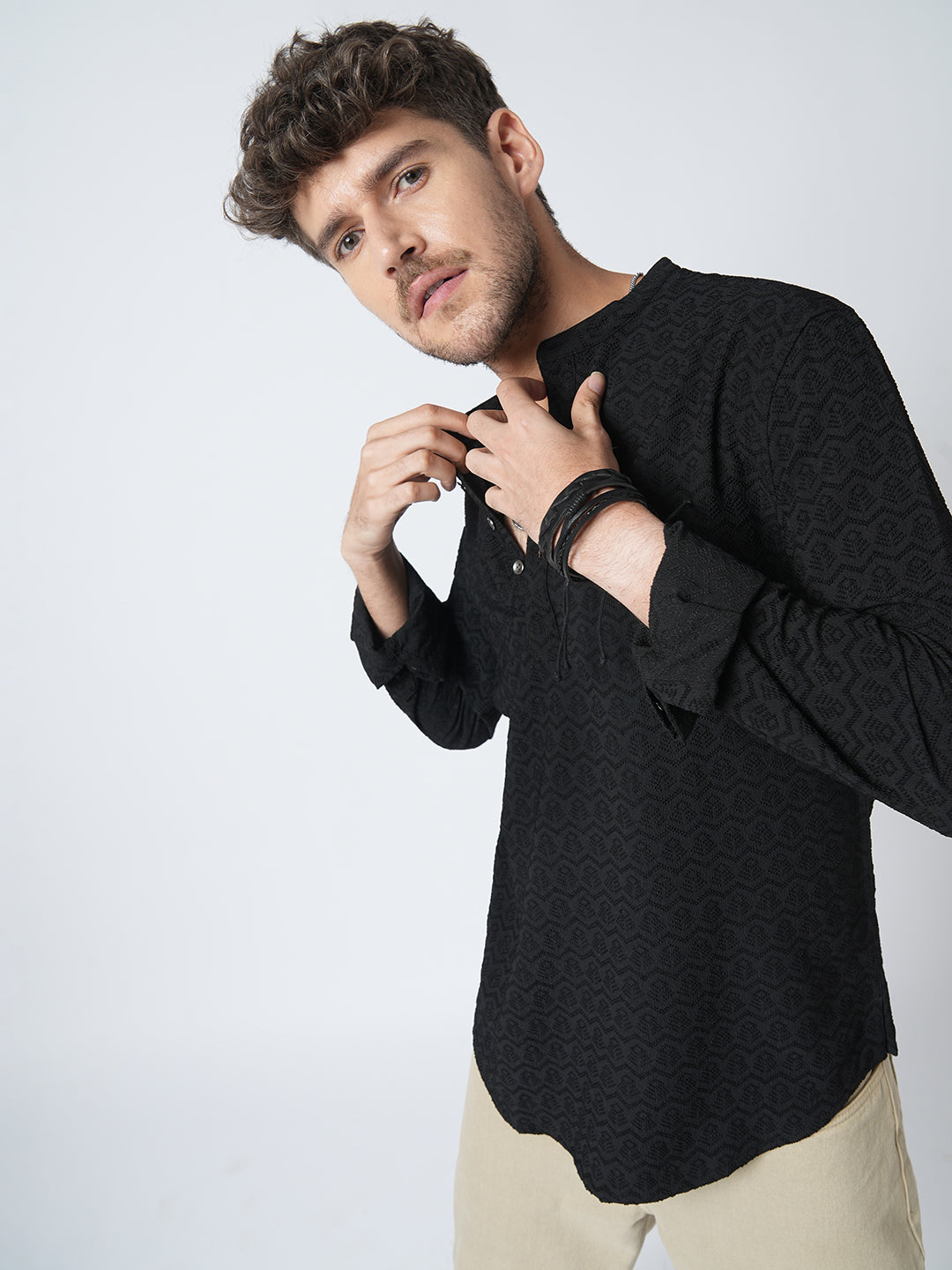 Black Self-Design Textured Kurta