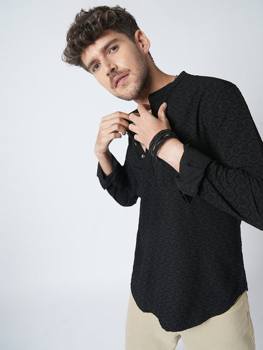Black Self-Design Jacquard Kurta