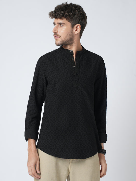 Black Self-Design Jacquard Kurta