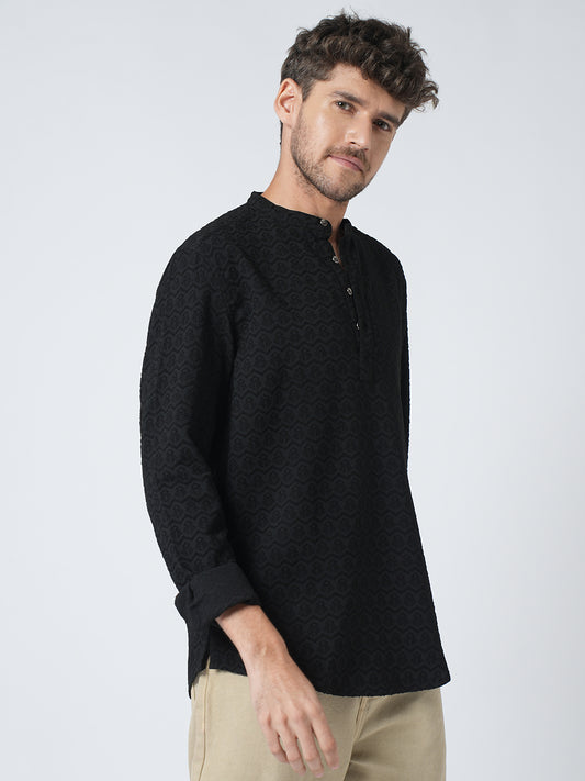 Black Self-Design Jacquard Kurta